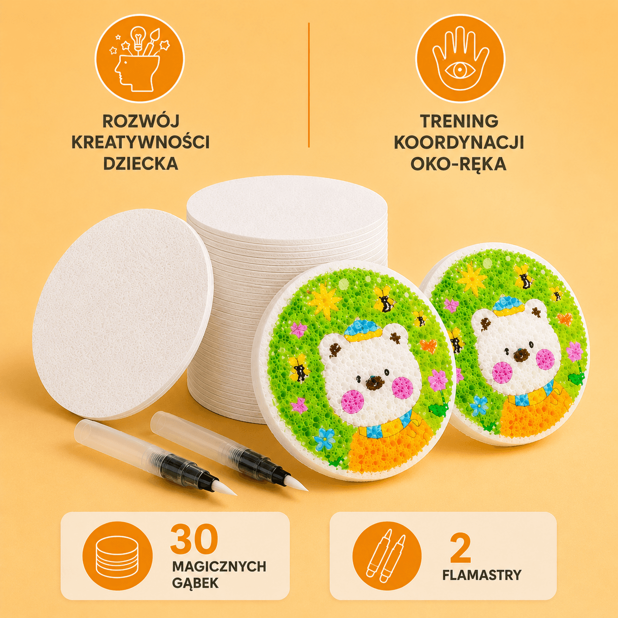Zestaw PULCHNIŚ - 30 Puchnących Gąbek + 2 Wodne Flamastry